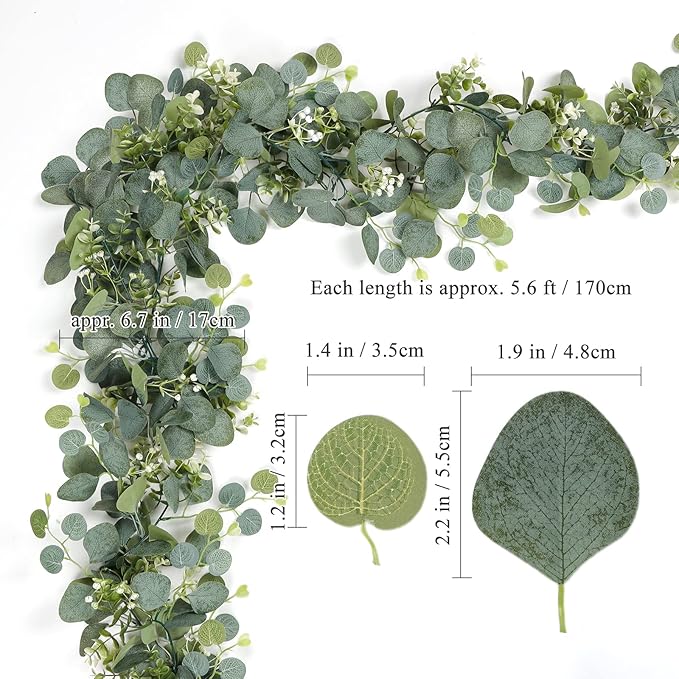 TOCHGREEN 4 PCS Artificial Eucalyptus Garland 5.9FT Faux Silver Dollar Greenery Garland Vines with White Flower Boxwood Fake Hanging Plants for Wedding Home Party Table Mantle Wall Decor