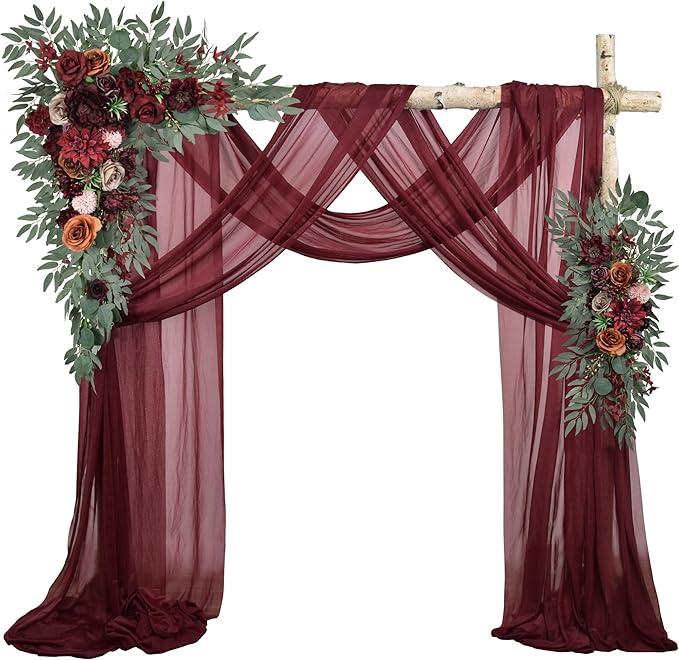 Ting's time Artificial Wedding Arch Flowers Kit(Pack of 4) 2pcs Large Blush Artificial Flower Swags with 2pcs Draping Fabric for Wedding Party Ceremony Decoration(Burgundy)