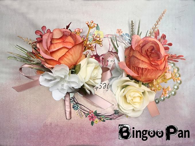 Corsage and Boutonniere Set Corsage Wistlet Terracotta Corsage Wrist Artificial Flower Perfert for Proms | Weddings for Bride,Bridesmaids, Groom,Groomsmen Decor (Terracotta)
