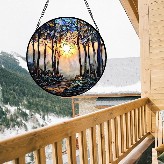 DASTOLL Stained Glass Window Hanging, Forest Sunrise Smoke Blue Brown Tree Suncatcher for Doors Window Home Landscape Sun Catchers Decor Mother's Day Birthday Gifts for Women, Men Mom 11.8 in