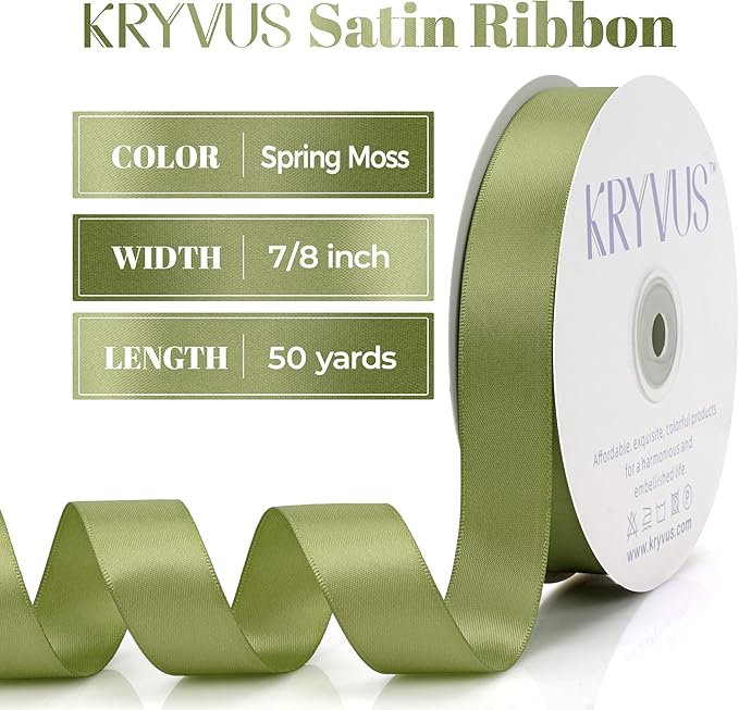 Moss Green Satin Ribbon, Double Faced 7/8 Inch X 50 Yards Moss Green Ribbon, Premium Satin Ribbon for Gift Wrapping, Crafts, Hair Bow Making, Sewing, Flower Bouquet, Wedding Party Decor