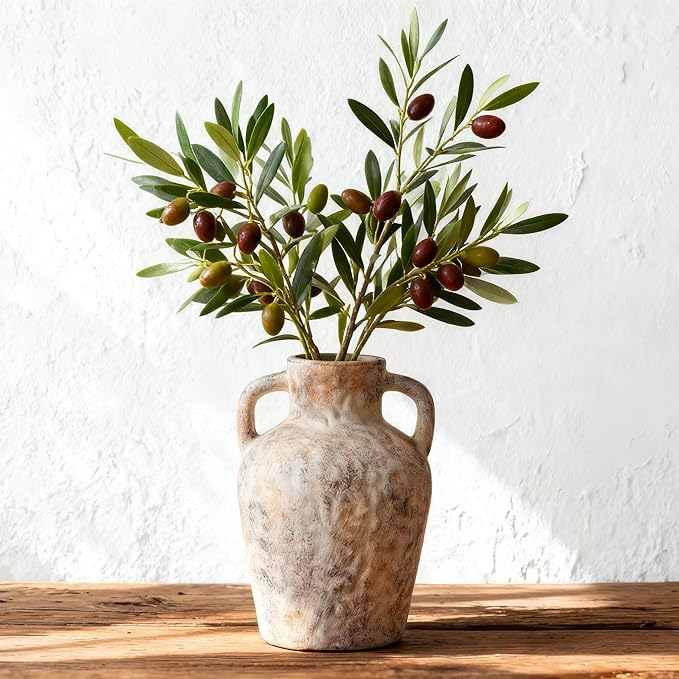 Vintage Wabi Sabi Ceramic Vase – 7.87 Inch Farmhouse Flower Vase with Handle, Rustic Decorative Pot for Entryway, Shelf, Floral Arrangement, Boho Home Decor