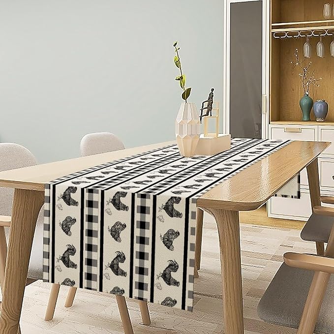 Rooster Table Runner,Farmhouse Animal Vintage Chicken Black White Plaid Check Tablecloth Burlap for Hotel Indoors Outdoor Dining Room Kitchen Home Decor,W13X L60 in