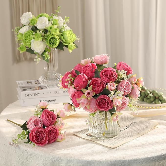 Floweroyal 2 Bunches Peony Artificial Flowers Pink Flowers Silk Peonies Bouquets for Wedding Party Table Centerpieces Floral Arrangement Home Kitchen Decor
