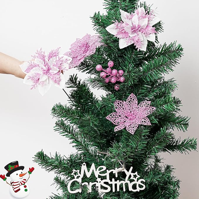 24Pcs Christmas Poinsettia Artificial Flowers and Glitter Berries Kit, 2 Styles Total 16Pcs Christmas Tree Flowers Ornaments, 8Pcs Christmas Tree Picks for Wedding Holiday Decorations, Pink