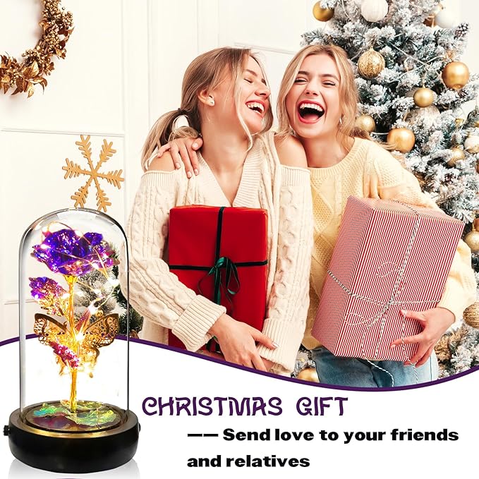 Birthday Rose Flower Gifts for Women, Mothers Day Glass Rose Gift for Mom from Daughter Son, Colorful Purple Rose in Glass Dome with Music Box, Light Up Rose in Dome for Her Wife Grandma