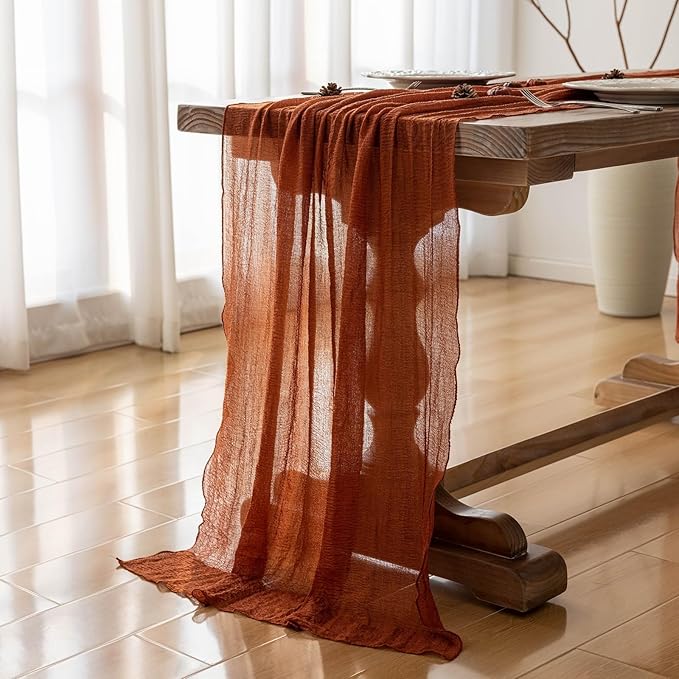 Fall Thanksgiving Table Runner Terracotta Decorations 120 Inch 10 FT Rustic Burnt Orange Sheer Cheese Cloth for Baby Bridal Shower Friendsgiving Party Centerpiece Gauze Decor for Home