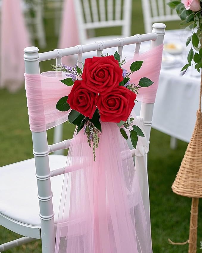 DuHouse 50Pcs Artificial Roses Flowers Fake Roses with Stems Real Touch Foam Flowers for DIY Wedding Bouquet Baby Shower Centerpiece Floral Arrangement Party Home Decor(Dark Red)