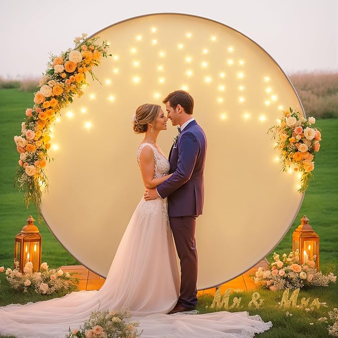 6.6 FT White Round Backdrop Cover with Lights String for Circle Arch Stand Circle Backdrop Covers with LED Fairy Lights for Wedding Arch Baby Shower Birthday Party Photo Shoot Photography Background