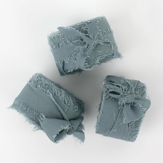 MEEDEE Slate Blue Chiffon Ribbon 1 Inch Fringe Ribbons Dusty Blue Chiffon Silk Frayed Edge Ribbon Thin Chiffon Ribbons for Crafts, Gift Wrapping, Wedding Invitation (3 Rolls 21 Yards)