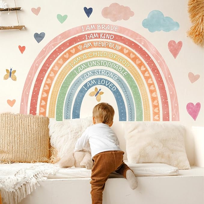Rainbow Wall Decal Kids Inspirational Wall Stickers Watercolor Rainbow Wall Decals for Nursery Pastel I Am Decor Motivational Vinyl Walls Sticker for Kids Bedroom Playroom,20.6"x34"