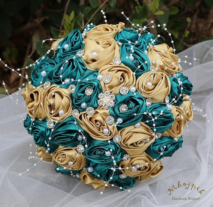Bridal Wedding Bouquet Round Bling Brooch Bouquet Throw Toss Artificial Rose Flower Bunch for Bride Bridesmaid Wedding Quinceanera(Dark Green & Gold, 7.5")