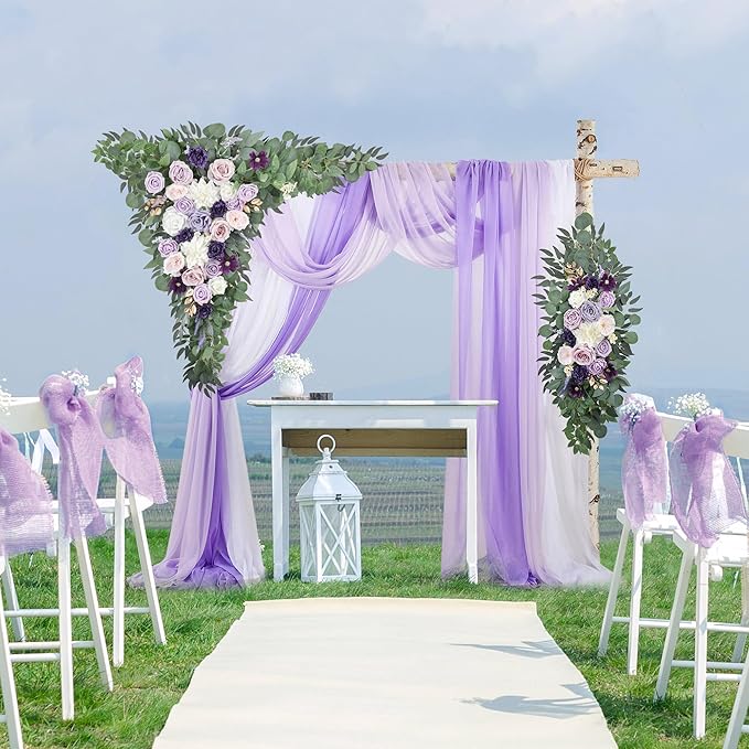 Wedding Arch Flowers Kit (Pack of 5) 2pcs Purple Artificial Floral Swag and 3pcs Draping Fabric for Wedding Flower Arch Decor Ceremony Arbor Reception and Backdrop (Lilac and White)