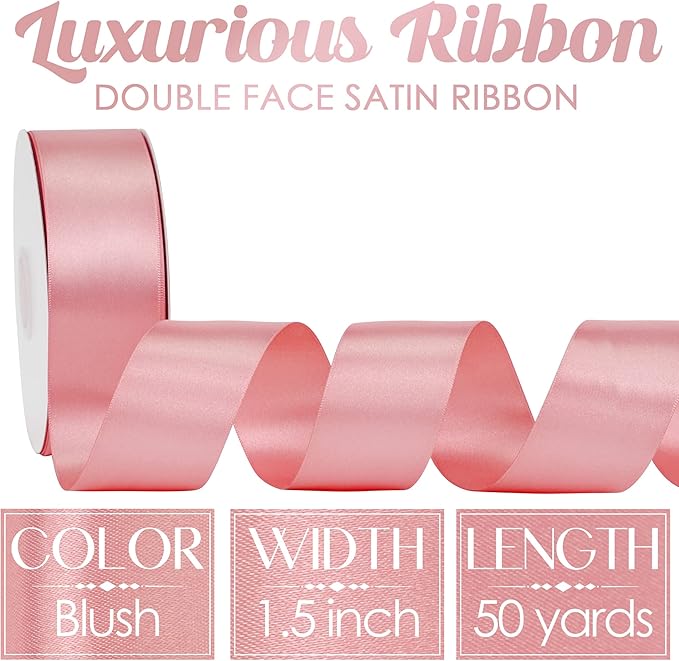 MEEDEE Blush Satin Ribbon 1-1/2 Inch Blush Pink Ribbon Lux Double Faced Satin Ribbons by 50 Yards Polyester Satin Ribbons for Crafts, Weddings, Flower Bouquet, Holiday Decorating