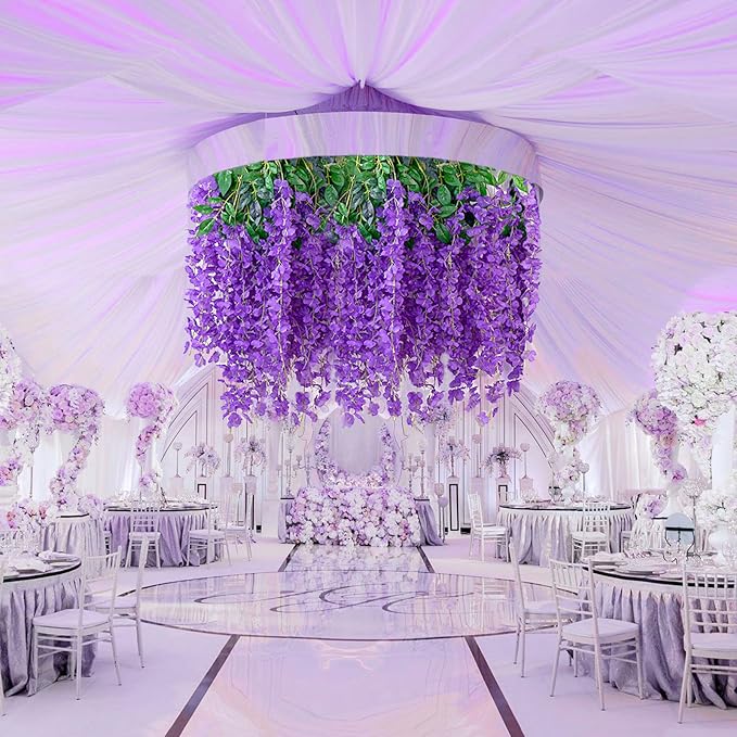 24Pack Purple Wisteria Hanging Flowers, 3.44 Ft Fake Hanging Flowers, Artificial Wisteria Garland Vines for Wedding Room Backdrop Outdoor Patio Garden Decoration