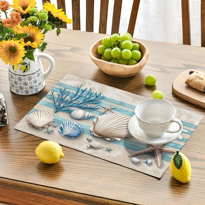 Summer Sea Shell Placemats Set of 6, Coastal Starfish Place Mats, Rustic Summer Ocean Dining Table Mats, Washable Placemats for Kitchen Dining Room 18L'' × 12W''