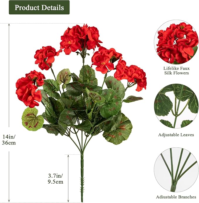 4PCS Home Decor Fake Plants Artificial Flowers Artificial Geraniums Outdoor Fake Flowers Artificial Flowers Fake Silk Bouquet, Fall Decor for Interior Porch Garden Decoration (Red) 14.4"