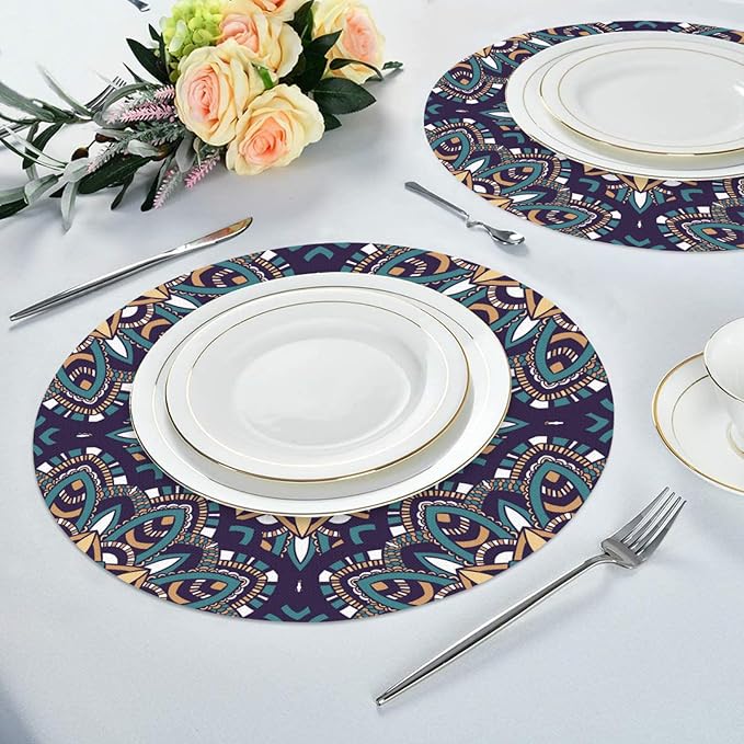 Mandala Round Placemat Set of 4 Elegant Linen Table Mats for Dining, Heat Resistant, Stain Resistant Perfect for Dinner Parties, Restaurants, and Everyday Use