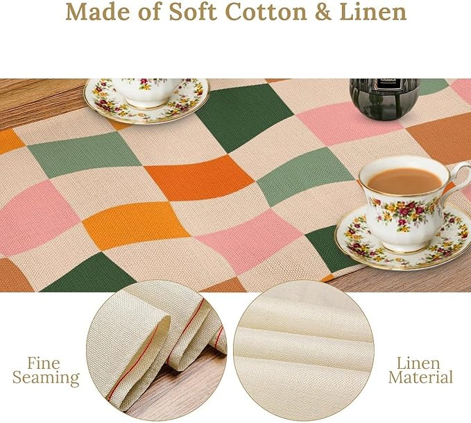 Hippie Table Runner, Vintage Geometric Square Orange Green Pink Grid 60s 70s Style Kitchen Dining Room Decor for Indoor Outdoor Wedding Party Table Runner 13x90 Inch