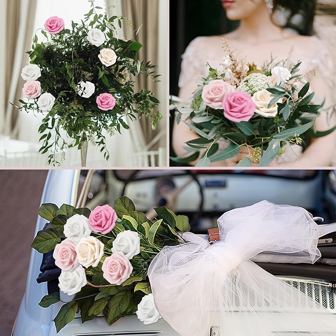 50PCS Artificial Flowers Pink Roses Real Looking Foam Fake Roses with Leaves and for DIY Wedding Bouquets Bridal Shower Centerpieces Party Decorations (Pink Series, 50)