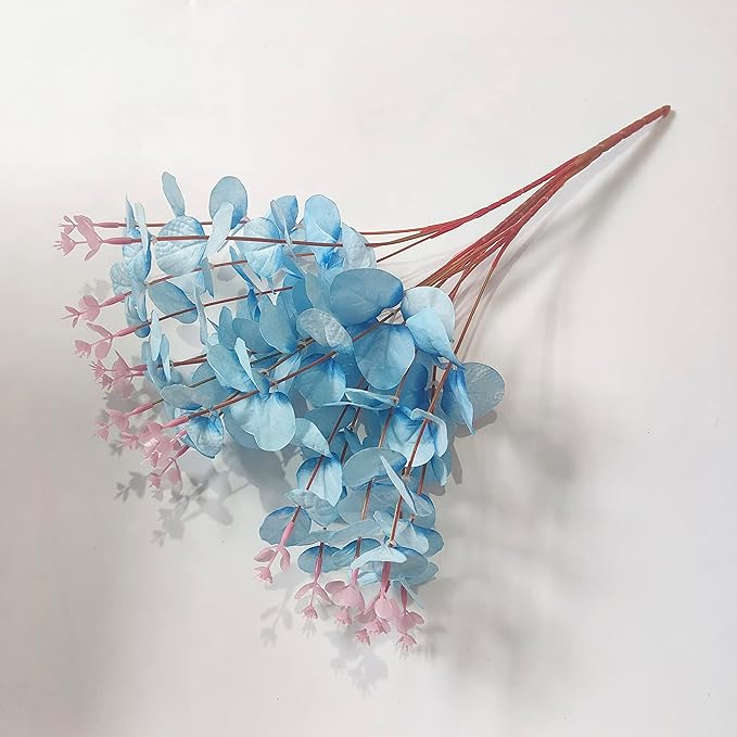 19" Faux Flowers Artificial Silk Silver Dollar Eucalyptus Stems Fake Plant for Vase Home Wedding Decor 3 Pcs (Blue)