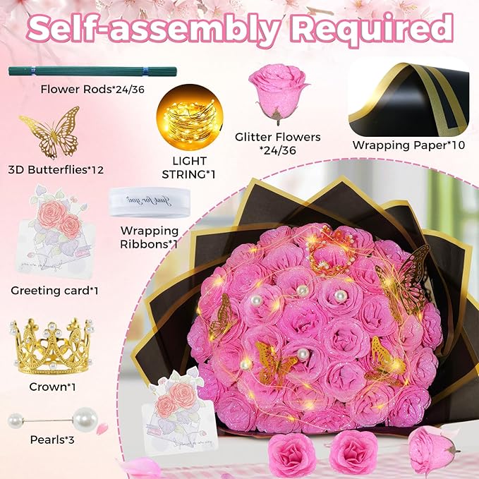 Pink Glitter Roses Bouquet, 24 Pcs Shiny Glitter Flowers Bouquet, Everlasting DIY Artificial Roses Bouquet for Christmas, Birthday, Anniversary, Wedding, Engagement
