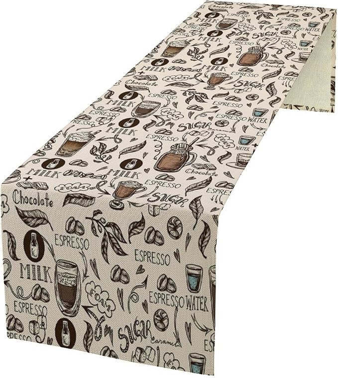 Coffee Theme Table Runner Coffee Time Espresso Seasonal Dinner Runner for Retro Farmhouse Kitchen Dining Coffee Table Decoration Cabin Home Holiday Party 13x36in