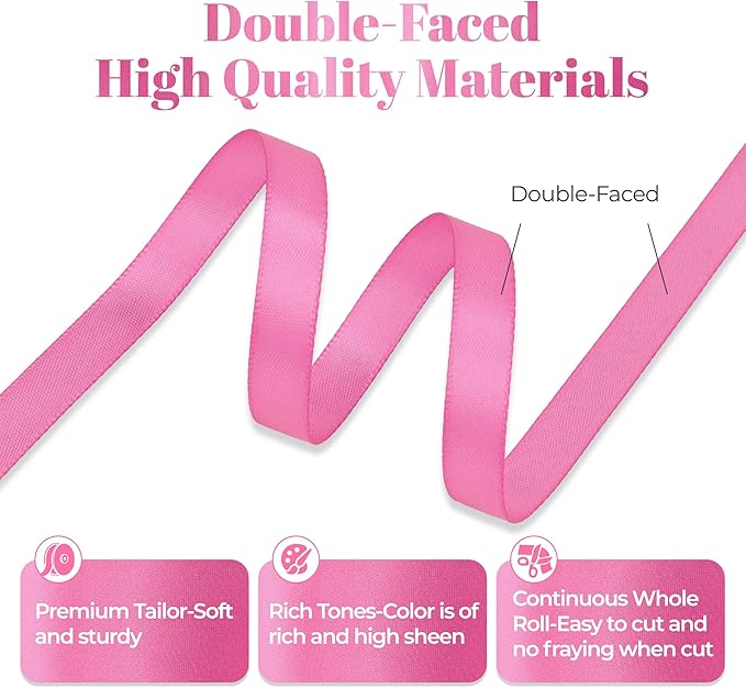 Hot Pink Satin Ribbon, Double Faced 3/8 Inch X 25 Yards Hot Pink Ribbon, Premium Satin Ribbon for Gift Wrapping, Crafts, Hair Bow Making, Sewing, Flower Bouquet, Wedding Party Decor