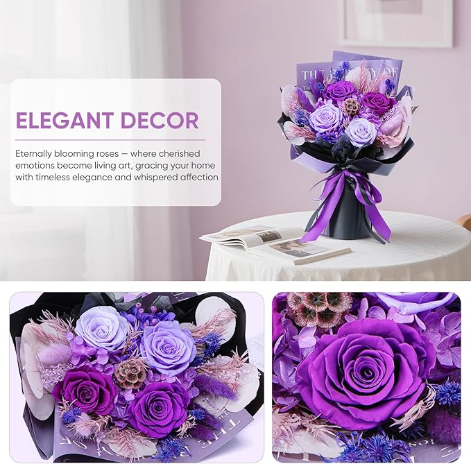 Flowers for Delivery Preserved Flower Fresh Bouquet Forever Flowers Birthday Gifts for Women Mom Anniversary Purple Real Rose Gifts for Grandma Sister Wife Her from Daughter Home Wedding Decor