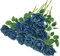 ATFL Grayish Blue Plastic Roses Bouquet,Realistic Gray Blue Flowers Artificial for Vase,12 Pcs Artificial Long Stem Fake Faux Silk Floral Roses for Decorations