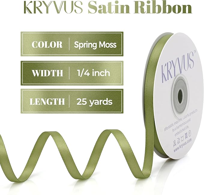 Moss Green Satin Ribbon, Double Faced 1/4 Inch X 25 Yards, Premium Satin Ribbon for Gift Wrapping, Crafts, Hair Bow Making, Sewing, Flower Bouquet, Wedding Party Decor