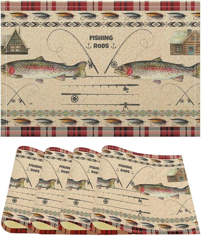 Rustic Cabin Bear Placemats Fishing Rods Lure Southwestern Check Plaid Red Art Printed Dining Table Mats Set of 4 for Home Kitchen Holiday Picnic Party Decor 12x18in