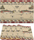 Rustic Cabin Bear Placemats Fishing Rods Lure Southwestern Check Plaid Red Art Printed Dining Table Mats Set of 4 for Home Kitchen Holiday Picnic Party Decor 12x18in