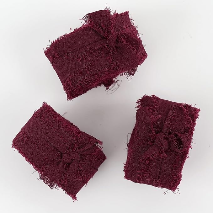 MEEDEE Burgundy Chiffon Ribbon 1 Inch Fringe Ribbons Dark Red Chiffon Silk Frayed Burgundy Ribbon Thin Chiffon Ribbons for Crafts, Gift Wrapping, Wedding Invitation (3 Rolls 21 Yards)