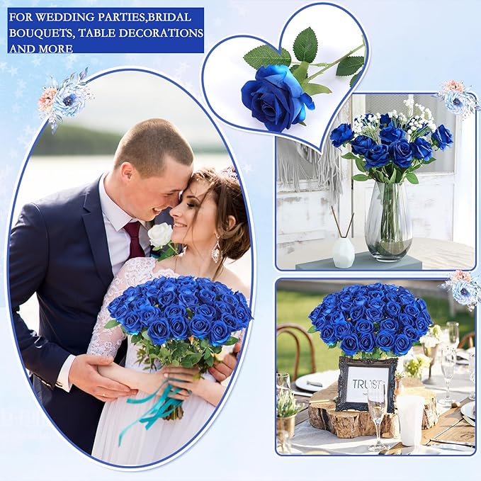Hananona 50 Artificial Roses in Bulk, Fake Silk Roses Realistic Blue Roses for Wedding Centerpieces Flower Arrangement Home Decor (50, Blue)