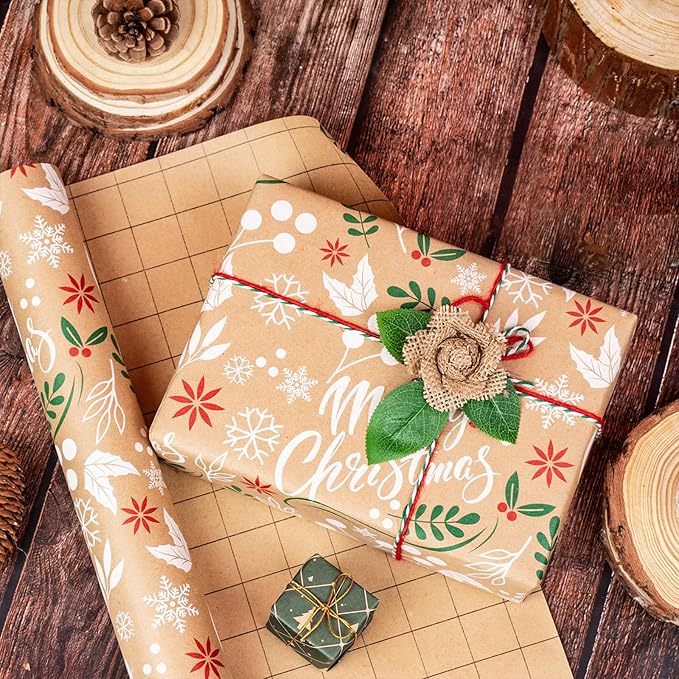 WRAPAHOLIC Kraft Christmas Wrapping Paper - Mini Roll - 17 Inch x 33 Feet - Merry Christmas Wrapping Paper with Leaves Design for Holiday, Party Celebration