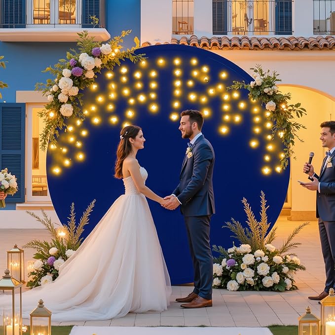 7.2 FT Navy Blue Round Backdrop Cover with Lights String for Circle Arch Stand Circle Backdrop Covers with LED Fairy Lights for Wedding Arch Baby Shower Birthday Party Photo Photography Background