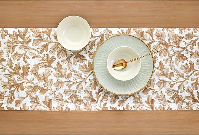Solino Home 100% Pure Linen Fall Table Runner 132 Inches Long - Floral Print Table Runner 14 x 132 Inch for Autumn - Handcrafted and Machine Washable - Fallen Leaves Print