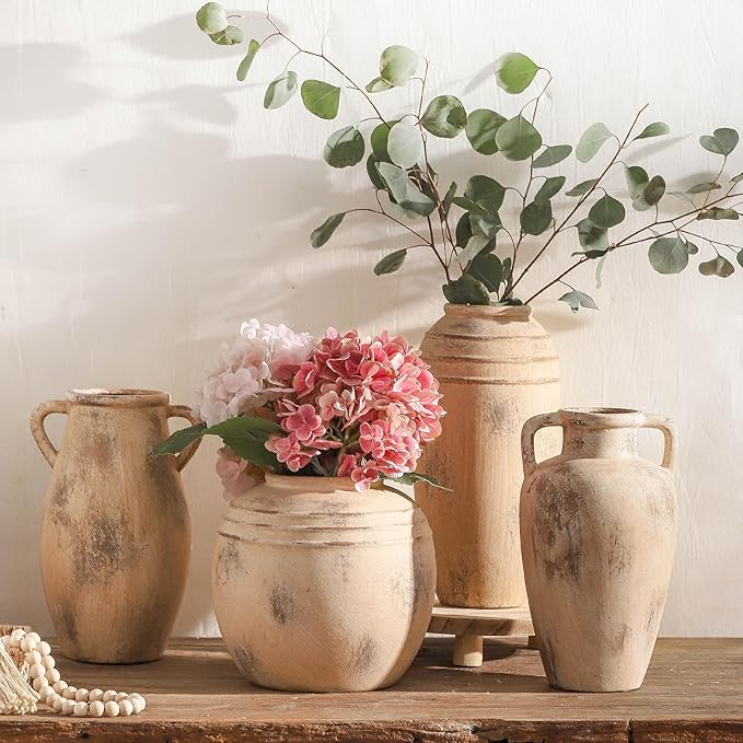 Large Ceramic Vase,11.3 inch Tall Farmhouse Flower Vase with 2 Handles, Terracotta Decorative Flower Vase for Home Decor, Living Room Entryway Table Centerpiece Decor