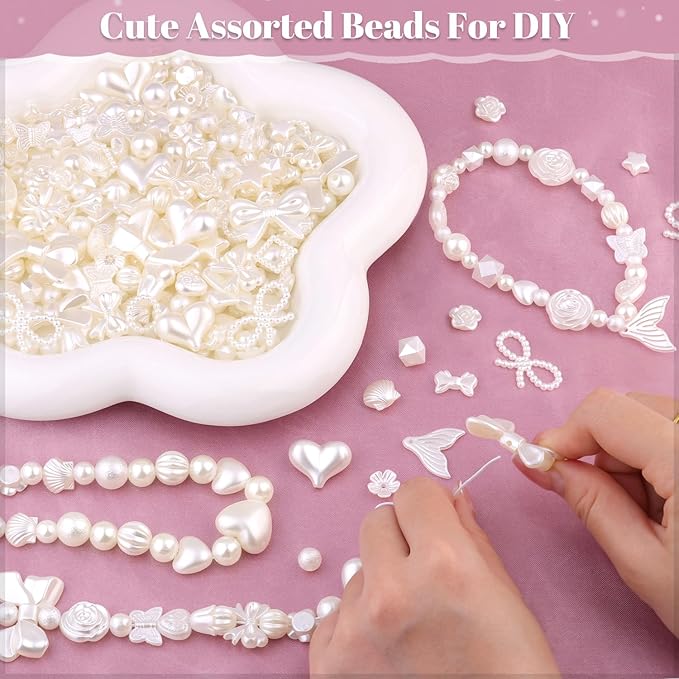 Assorted Acrylic Beads, 260-310PCS Mix ABS Imitation Pearl Cute Beads for Bracelet Making, Bow Flower Kawaii Charms for Jewelry Making DIY Necklace Keychain Phone Charm Christmas Gift