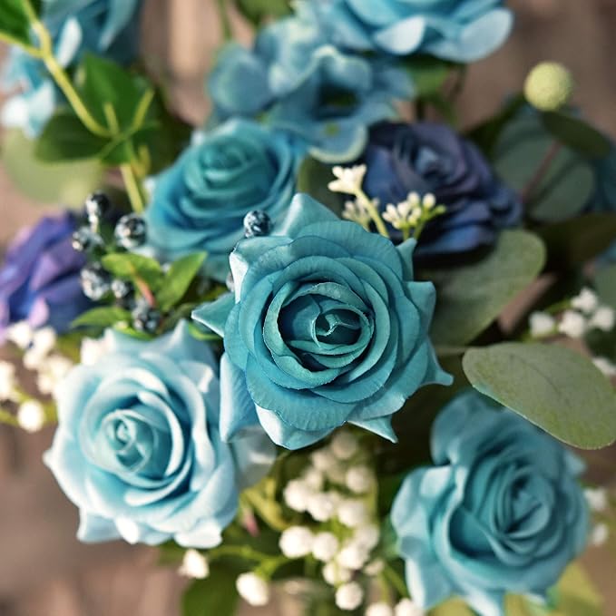 FiveSeasonStuff Silk Roses Artificial Flowers for Decoration, Home Decor Centerpiece for Tables, Wedding Bridal Bouquet of Flowers Real Touch Roses 12 Stems (Teal)
