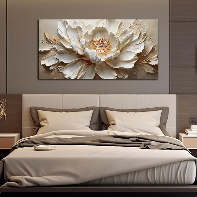 Flower Painting Wall Decor White Canvas Wall Art for Office Women,Teen Room Decor for Girls,Dining Room Art Wall Decor 24 x 48 Inch