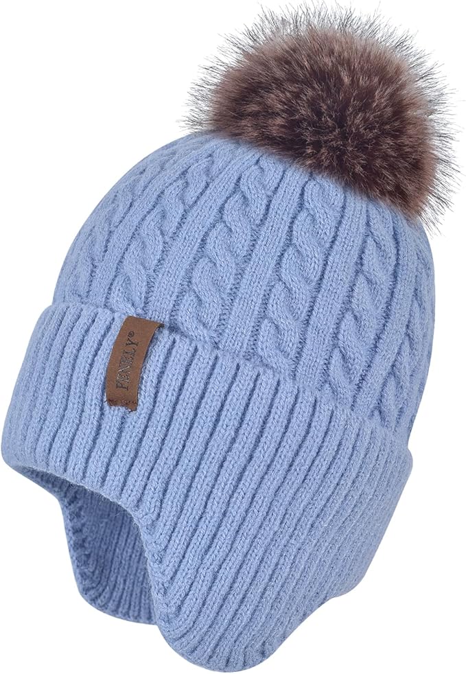FENELY Women's Knitted Warm Beanie Winter Hat, Warm Chunky Snow Hat with Pompom