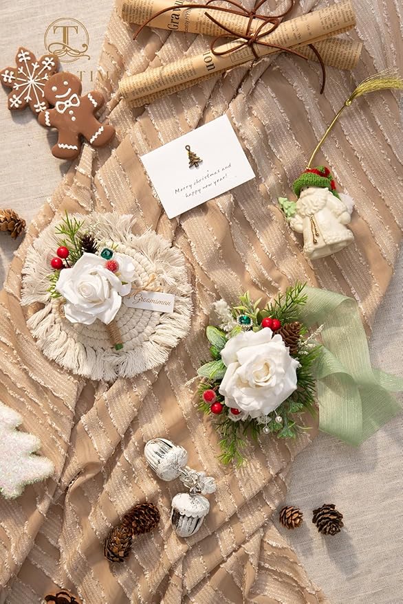 TINGE TIME White Corsage and Boutonniere Set, Prom Flower Wrist Corsage Bracelets, Boutonniere for Men Wedding Flowers Accessories Prom Suit Decorations