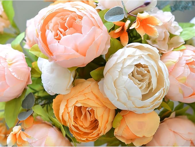 FiveSeasonStuff Harvest Keepsake Artificial Peony Bouquet – Set of 2 Faux Silk Flower Bundles with Autumn Ivory, Orange & Greenery Accents for Fall Centerpieces, Weddings & Home Decor – 1.6 ft Stems