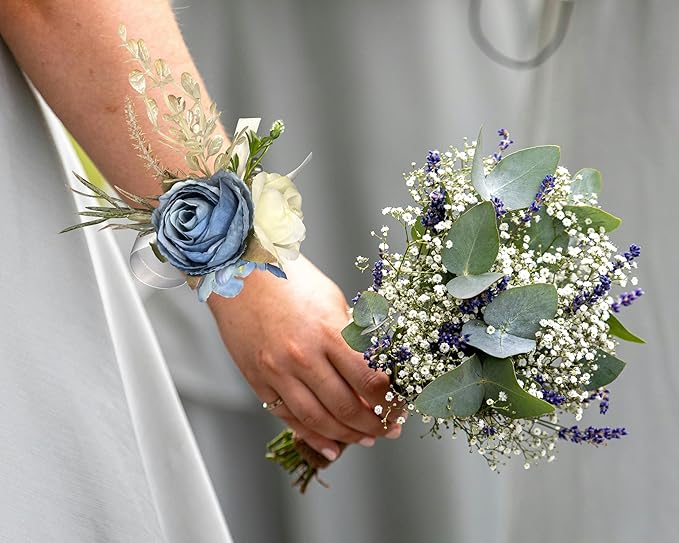 Corsage and Boutonniere Set Corsage Wistlet Dusty Blue Corsage Wrist Artificial Flower Perfert for Proms | Weddings for Bride,Bridesmaids, Groom,Groomsmen Decor (Dusty Blue)