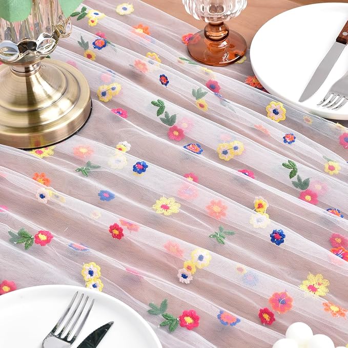 Joanlody Ivory Embroidery Daisy Christmas Table Runner 10ft Florals Seasonal Tulle Table Runner Holiday Kitchen Dining Table Decoration for Home Party Indoor