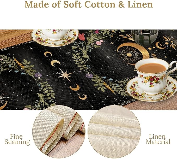 Gothic Moth Table Runner, Boho Gothic Sun Moon Phase Wildflower Mystical Witchy Farmhouse Coffee Table Center Decor for Home Kitchen Dining Patio Holiday Party Table Decorations 13x72 inches