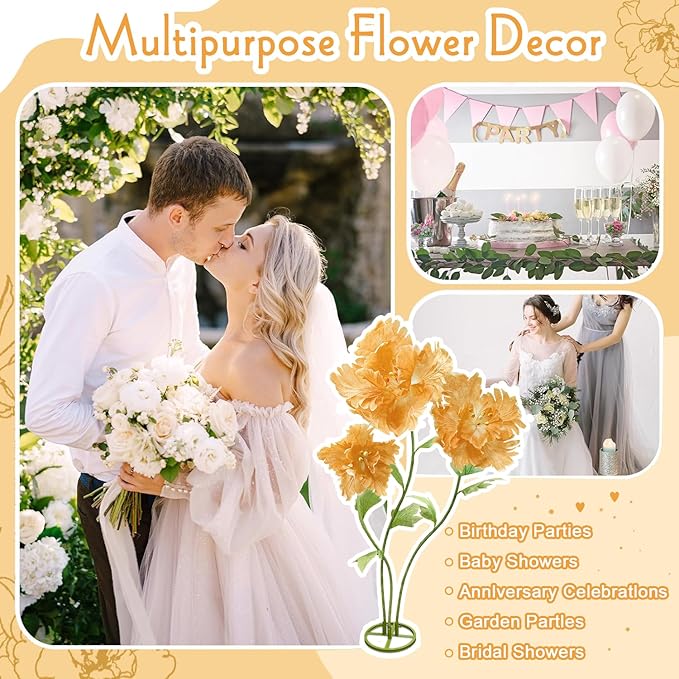 Artificial Large Huge Flowers Decoration, Giant Realistic Fake Flower 3 Pcs 6.1 Ft for Outside, Adjustable Waterproof Paper Faux Large Flower Home Wedding Party Garden Background Decor(Champagne)