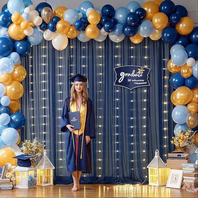 10x10ft Navy Blue Tulle Backdrop Curtain with Lights String for Parites, Sheer Backdrop Curtains for Wedding Baby Shower Birthday Party Photo Shoot Decorations